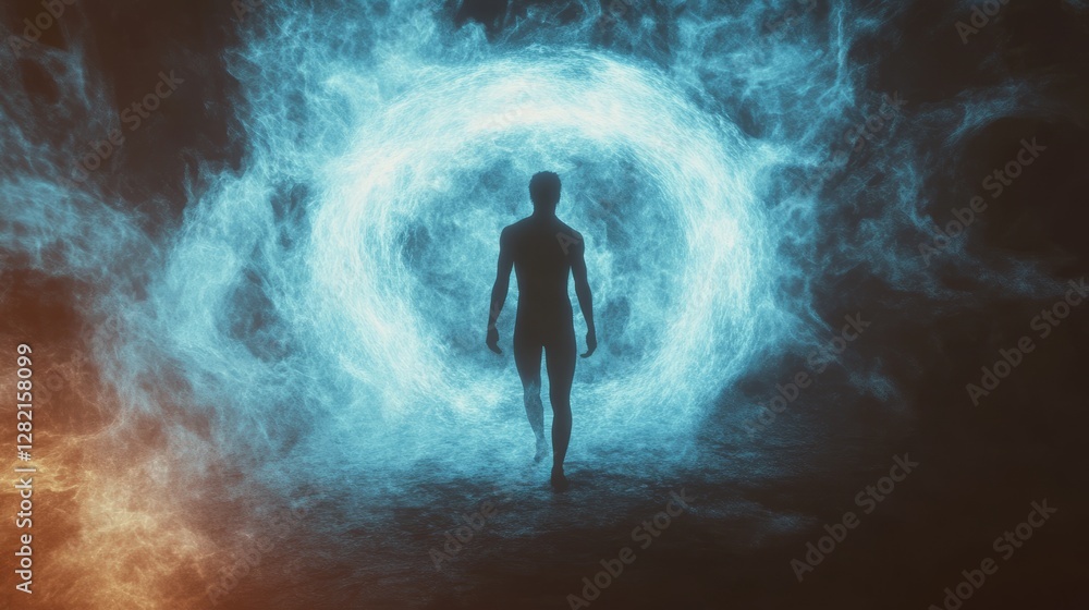 Shadowy figure emerging from glowing portal, swirling cosmic mist, mysterious and powerful Shadowy figure emerging from glowing portal, swirling cosmic mist, mysterious and powerful