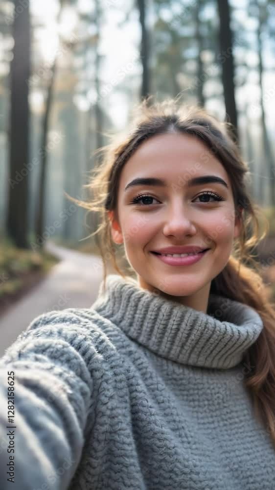 Young Woman Taking a Selfie in a Peaceful Forest While Wearing a Grey Sweater. Vertical Video for Social Media. Young Woman Taking a Selfie in a Peaceful Forest While Wearing a Grey Sweater. Vertical Video for Social Media.