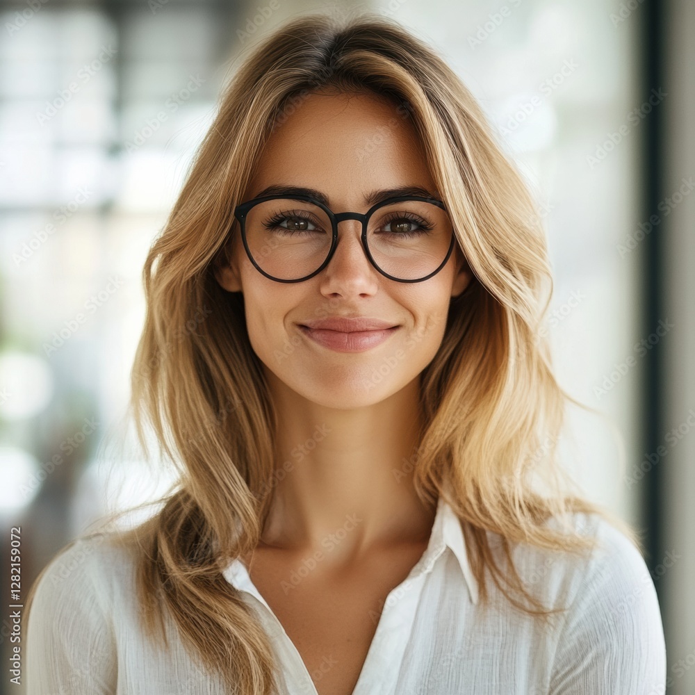 Young woman with long, light brown hair and glasses smiles warmly in a well lit indoor space, creating an inviting atmosphere for viewers Young woman with long, light brown hair and glasses smiles warmly in a well lit indoor space, creating an inviting atmosphere for viewers