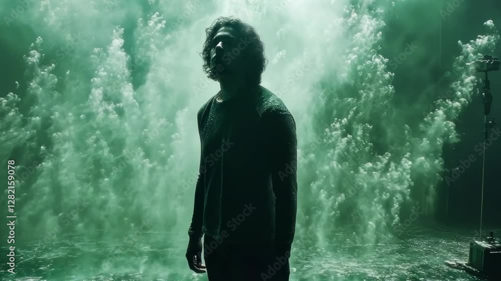 Man Silhouetted Against a Green Water Mist Man Silhouetted Against a Green Water Mist