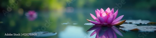 Floating purple water lily on calm lake surface, aquatic, foliage