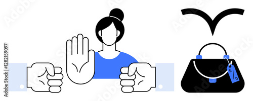 Woman refusing an offer with a raised hand gesture, two hands in offering position, and a handbag on the side. Ideal for concepts of decision-making, assertiveness, boundaries, negotiation, consumer