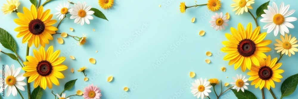 Floral pattern with sunflowers and daisies on a pastel blue background, blooming flowers , floral design Floral pattern with sunflowers and daisies on a pastel blue background, blooming flowers , floral design