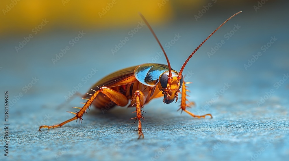 Close-up of a vibrant cockroach on a textured surface with a blurred background Close-up of a vibrant cockroach on a textured surface with a blurred background