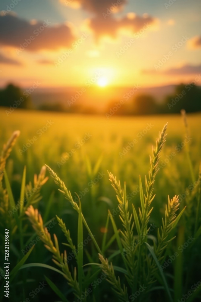 Fototapeta premium Golden hour light bathes idyllic meadow, blurred sunset , photo, sun
