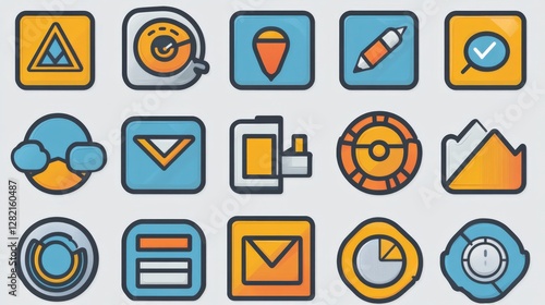 A collection of colorful icons representing various digital tools and features on a light background