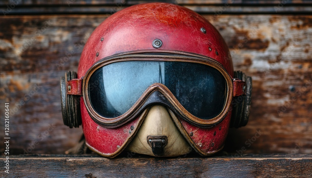 Obraz premium Vintage Red Pilot Helmet with Goggles on Rustic Wooden Background