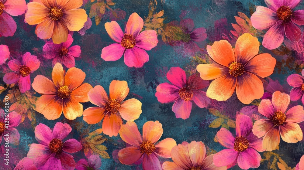 vibrant floral pattern with pink and orange blossoms on a bold background, dynamic and cheerful composition, textured and modern design, bright and radiant tones vibrant floral pattern with pink and orange blossoms on a bold background, dynamic and cheerful composition, textured and modern design, bright and radiant tones
