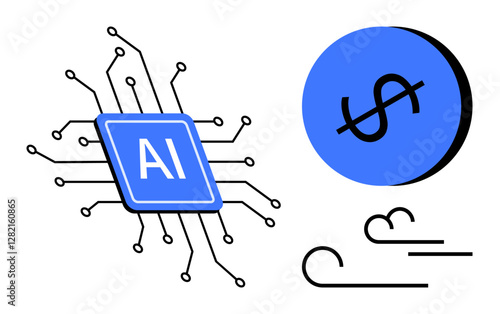 AI microchip, blue dollar coin, and stylized wind lines convey technology, finance, and innovation. Ideal for tech industry, fintech, innovation, automation economic growth abstract visualizations