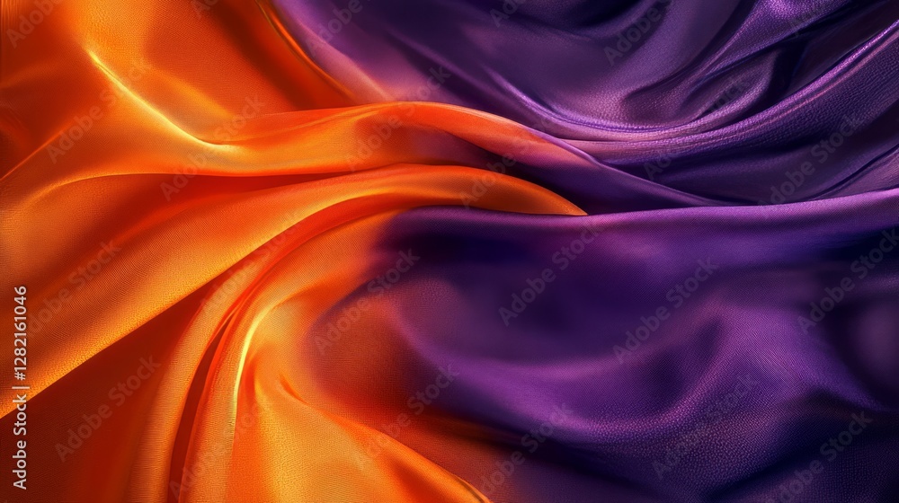 Fototapeta premium Vibrant flowing silk with glowing orange and purple highlights, luxurious and fluid, deep shadows, smooth texture, artistic and dynamic, abstract background