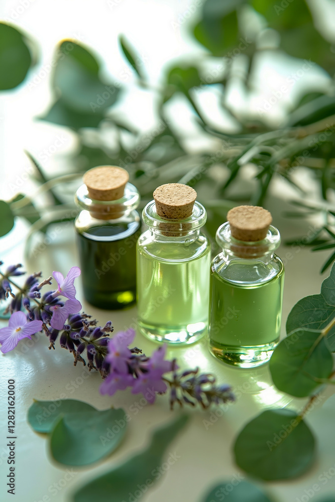 Three bottles of lavender essential oil sitting on top of a table Three bottles of lavender essential oil sitting on top of a table