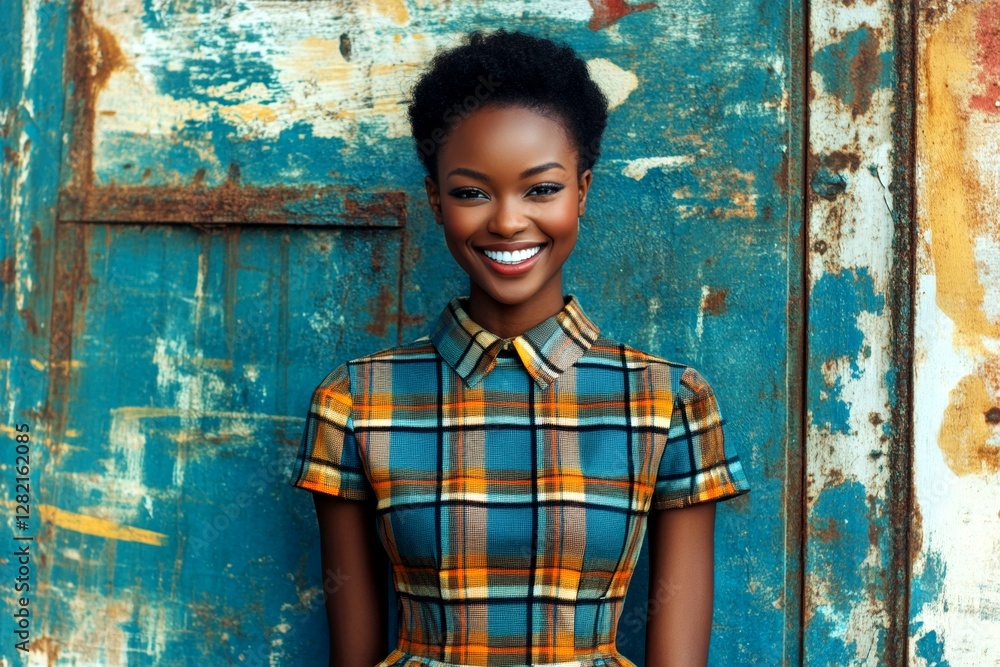 Fototapeta premium Short coiffure - highlighted hair. Commercial digital ads concept art. Attractive smiling black girl - for ads, avenue poster ad and internet use. African american model lifestyle.