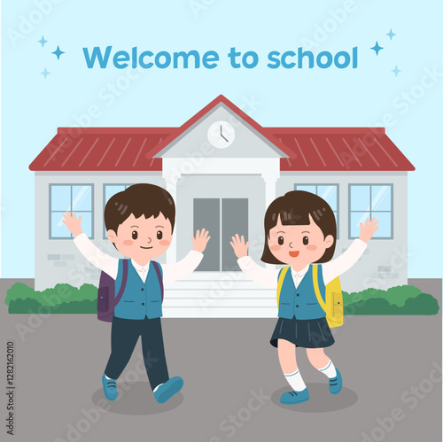 boy and girl in front of school, welcome to school, 신학기 학생들 인사