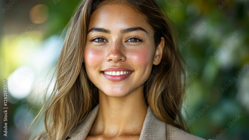 Portrait of a smiling woman with long brown hair and light skin, wearing a beige blazer. She looks happy and confident. Portrait of a smiling woman with long brown hair and light skin, wearing a beige blazer. She looks happy and confident.