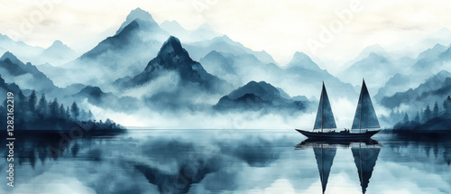 Misty Mountains, Sailing Boat, Calm Water Background