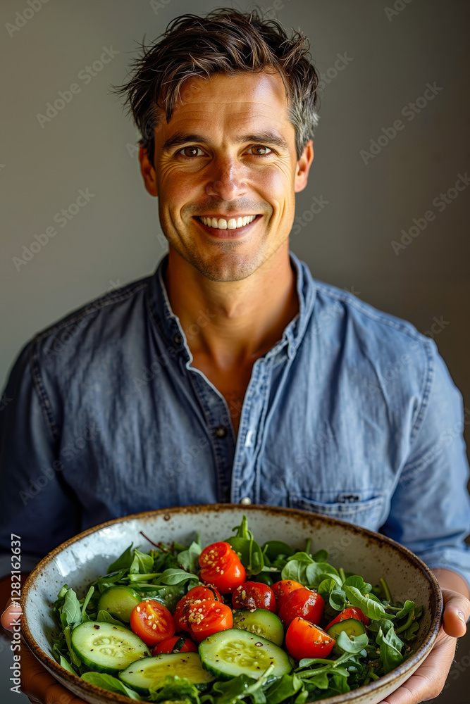 A man holding a bowl of salad in his hands A man holding a bowl of salad in his hands