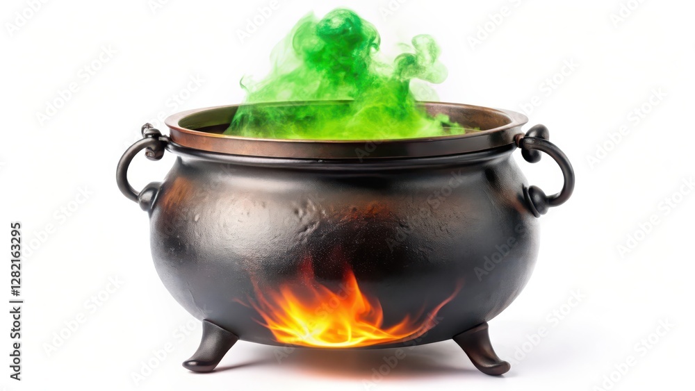 Cauldron with Green Smoke and Flames on White Background Cauldron with Green Smoke and Flames on White Background