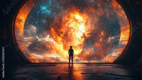 A man standing in front of the window inside a spaceship, looking at a nebula in the cosmos.