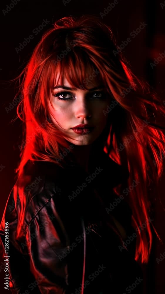 Fiery Redhead in Leather Jacket: A Stylish and Confident Young Woman in Vertical Video Fiery Redhead in Leather Jacket: A Stylish and Confident Young Woman in Vertical Video