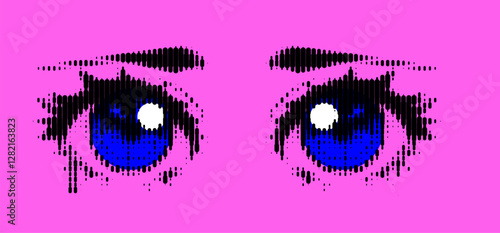 Vector illustration features stylized anime eyes with striking blue irises, outlined in black. Set against a bold pink background, the design is eye-catching and modern, highlighting artistic flair
