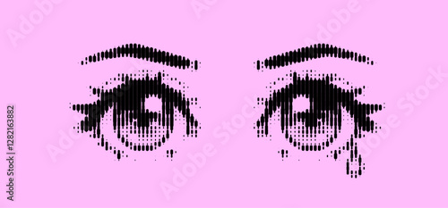 Stylized anime eyes created with vertical black lines on a pink background. Fancy print for a t-shirt. 