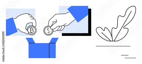 Hands with Bitcoin and Dollar coins being placed in a box, accompanied by a growing leaf. Ideal for investment, savings, cryptocurrency, financial growth, economy, donation, wealth generation