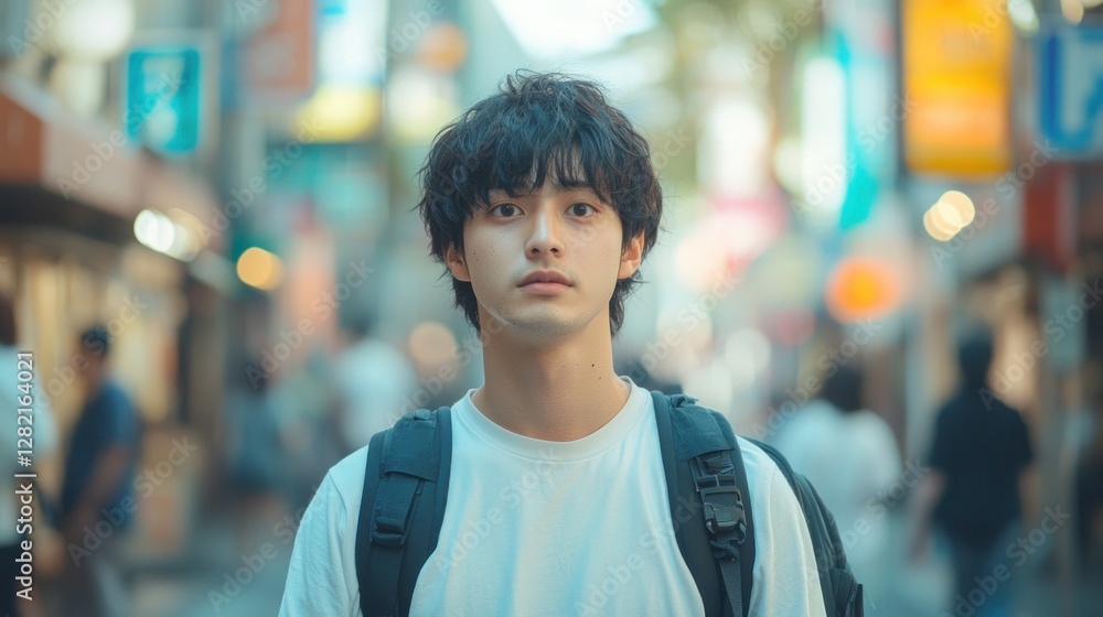 Fototapeta premium Young Man Strolling Through a Vibrant Urban Street Scene