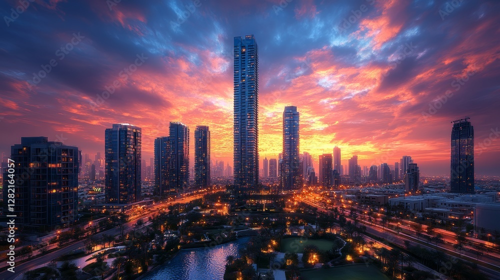 Fototapeta premium Misty clouds at sunrise, over the skyscrapers at the sunset.
