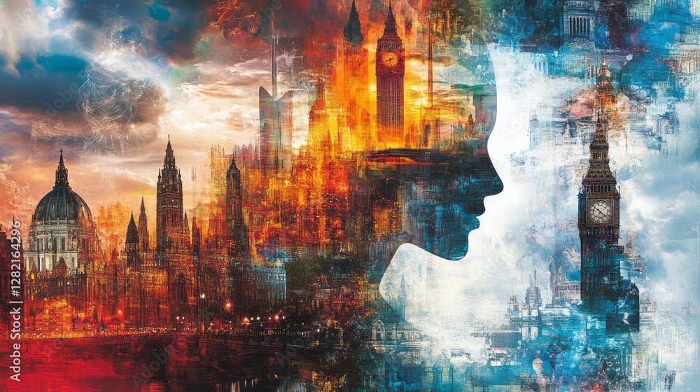 Fototapeta premium Woman silhouette layered over a colorful rendering of London