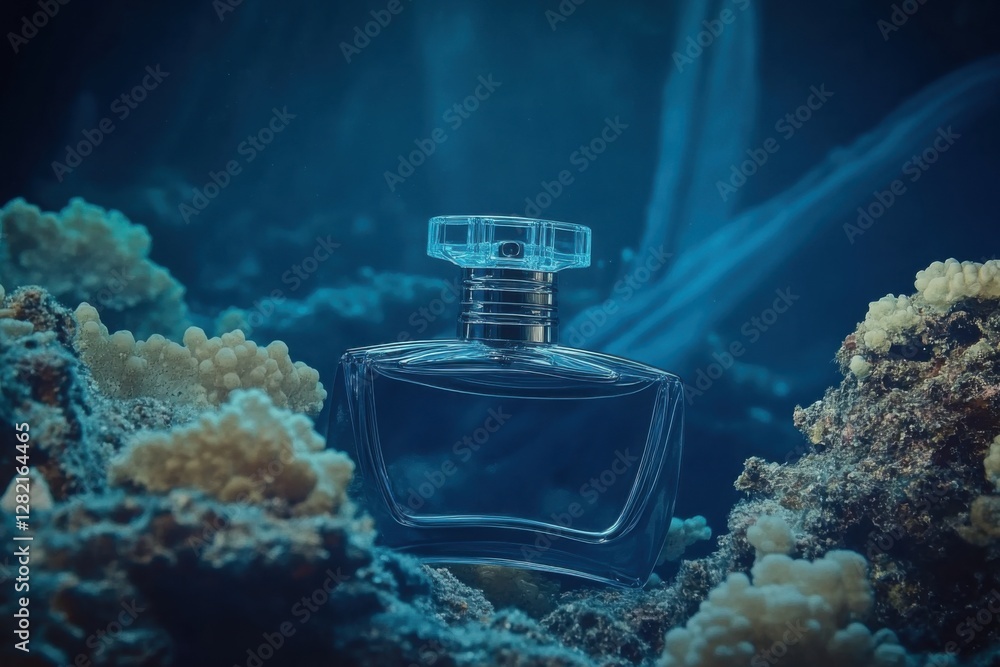 A perfume bottle submerged underwater surrounded by coral reefs, showcasing a serene aquatic environment with soft blue hues and clear glass details. A perfume bottle submerged underwater surrounded by coral reefs, showcasing a serene aquatic environment with soft blue hues and clear glass details.