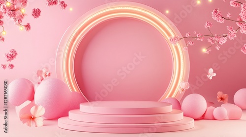 A Pink Product Display Decorated with Flowers and a Glowing Circle