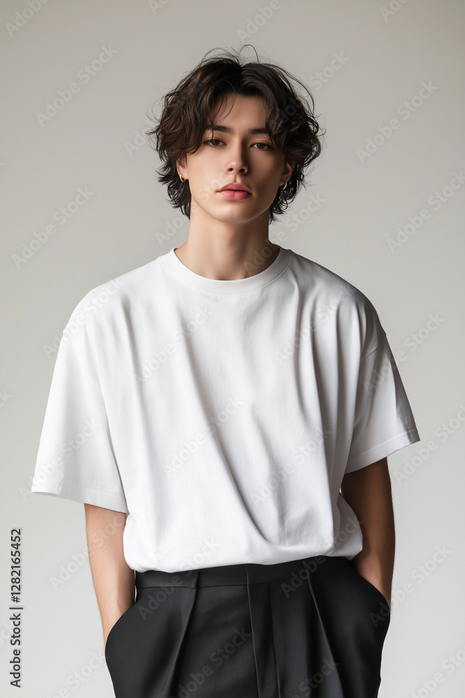 白いTシャツを着た日本人男性 白いTシャツを着た日本人男性