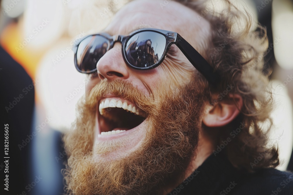 A joyful man with a beard wearing sunglasses, laughing heartily against a blurred background. A joyful man with a beard wearing sunglasses, laughing heartily against a blurred background.