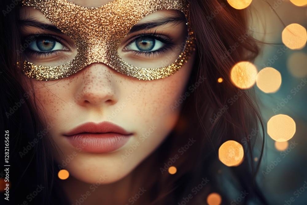A close-up of a young woman wearing a glittery mask with sparkling bokeh in the background. A close-up of a young woman wearing a glittery mask with sparkling bokeh in the background.