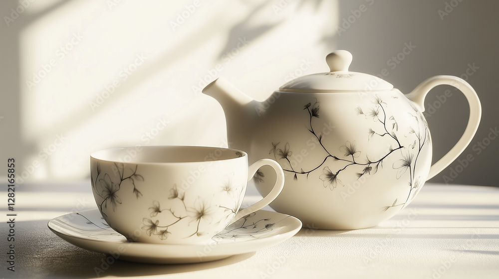 Elegant porcelain tea set with black floral design, featuring teapot and teacup, set on a table with soft sunlight Elegant porcelain tea set with black floral design, featuring teapot and teacup, set on a table with soft sunlight