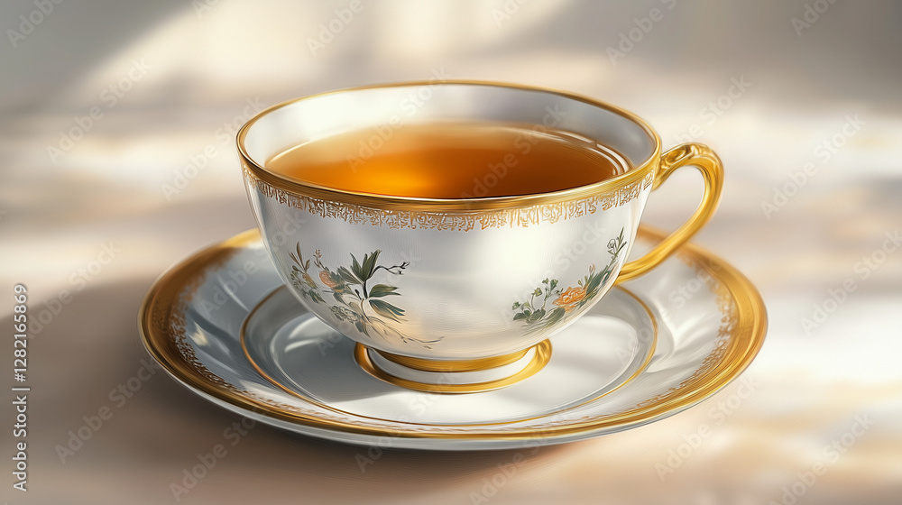 Porcelain teacup with golden accents and floral pattern, filled with hot tea, set in soft morning sunlight Porcelain teacup with golden accents and floral pattern, filled with hot tea, set in soft morning sunlight
