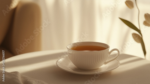 Wallpaper Mural Elegant porcelain teacup with floral design, filled with hot tea, set on a soft, serene table in the morning light Torontodigital.ca