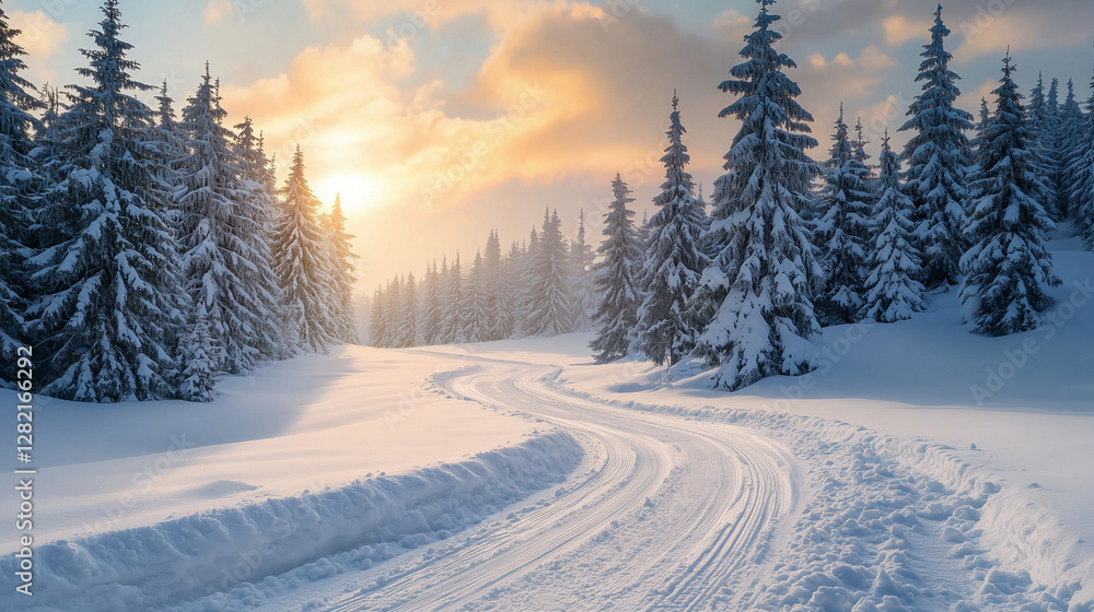 Fototapeta premium Snow-covered winding road through a winter forest at sunrise, with tall pine trees and a golden sky in the background