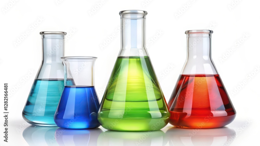 Colorful Liquids in Erlenmeyer Flasks on White Background Colorful Liquids in Erlenmeyer Flasks on White Background