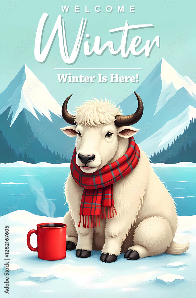 Naklejka premium Hello Winter poster with cartoon white yak wearing a red scarf sits on a snowy landscape with a red mug