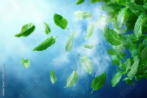 Fresh mint leaves float gently against vibrant blue background creating light, refreshing visual effect. Mint aroma invigorates, cools. Ideal for menthol fresheners, cleansers. Modern design with