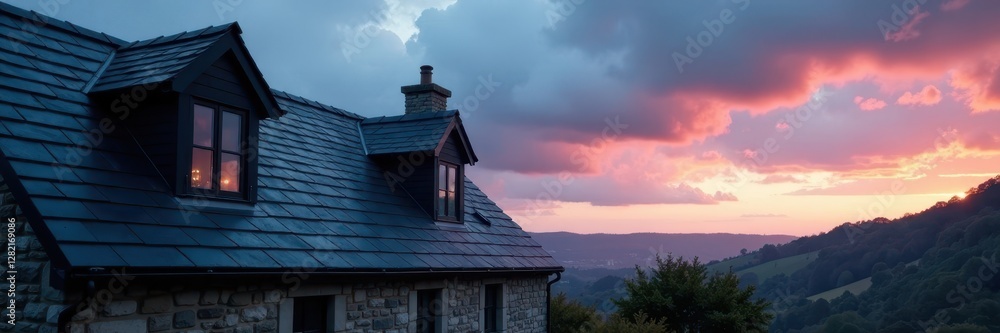 Dark slate roof against moody sky, northern England, north england, pattern Dark slate roof against moody sky, northern England, north england, pattern