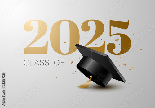 Class of the year 2025 with graduation cap. Education academic cap. Template for graduation design, high school or college congratulation graduate, yearbook. Congratulations graduates banner concept