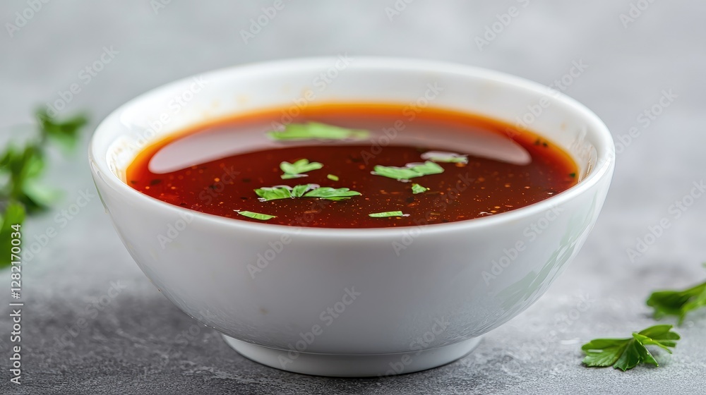 Spicy red sauce in bowl, parsley garnish, grey background; food blog, recipe Spicy red sauce in bowl, parsley garnish, grey background; food blog, recipe