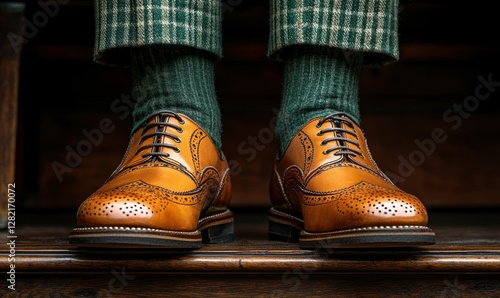 Elegant Brown Wingtip Shoes with Green Striped Socks on Vintage Wooden Floor photo