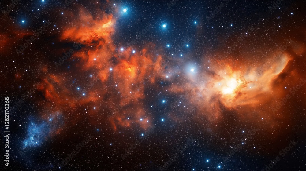 Fototapeta premium Space digital graphic poster shows nebula, galaxy. Abstract design with colorful clouds of cosmic dust, stars. Image evokes vastness, beauty of universe. Ideal for tech posters sci-fi themes. Design
