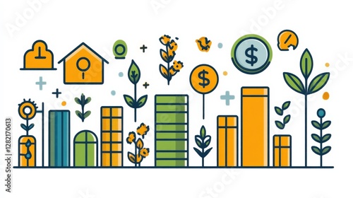 Colorful illustration depicting growth and investment in nature with various plants and icons
