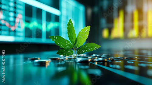 Plant Growing from Coins with Financial Data Background