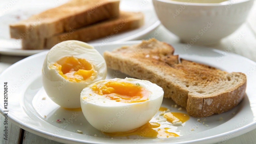 Soft-boiled egg with runny yolk and toast on a white plate. Soft-boiled egg with runny yolk and toast on a white plate.