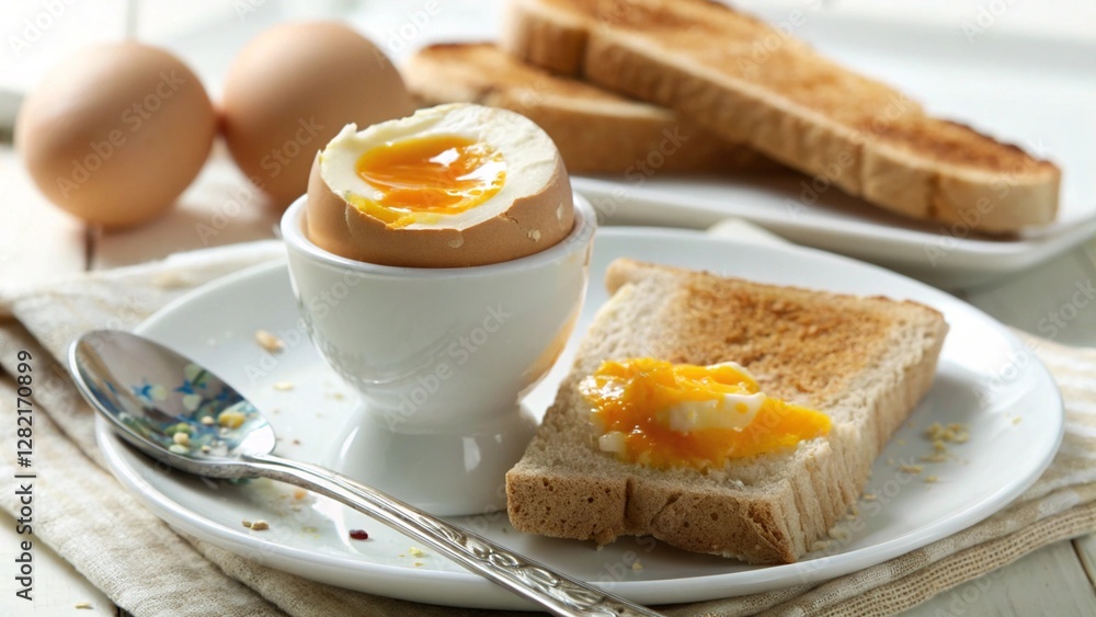 Fototapeta premium Soft-boiled egg with runny yolk and toast on a white plate.
